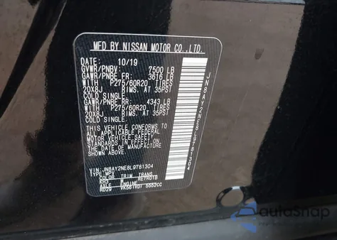 2020 Nissan Armada Platinum 4Wd z USA, uszkodzony, nr VIN JN8AY2NE8L9781304